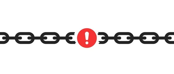 Illustration of a broken chain with a warning symbol between the links